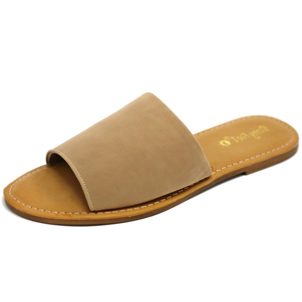 New Beige Wide Band Slip On Slide Slipper Sandals